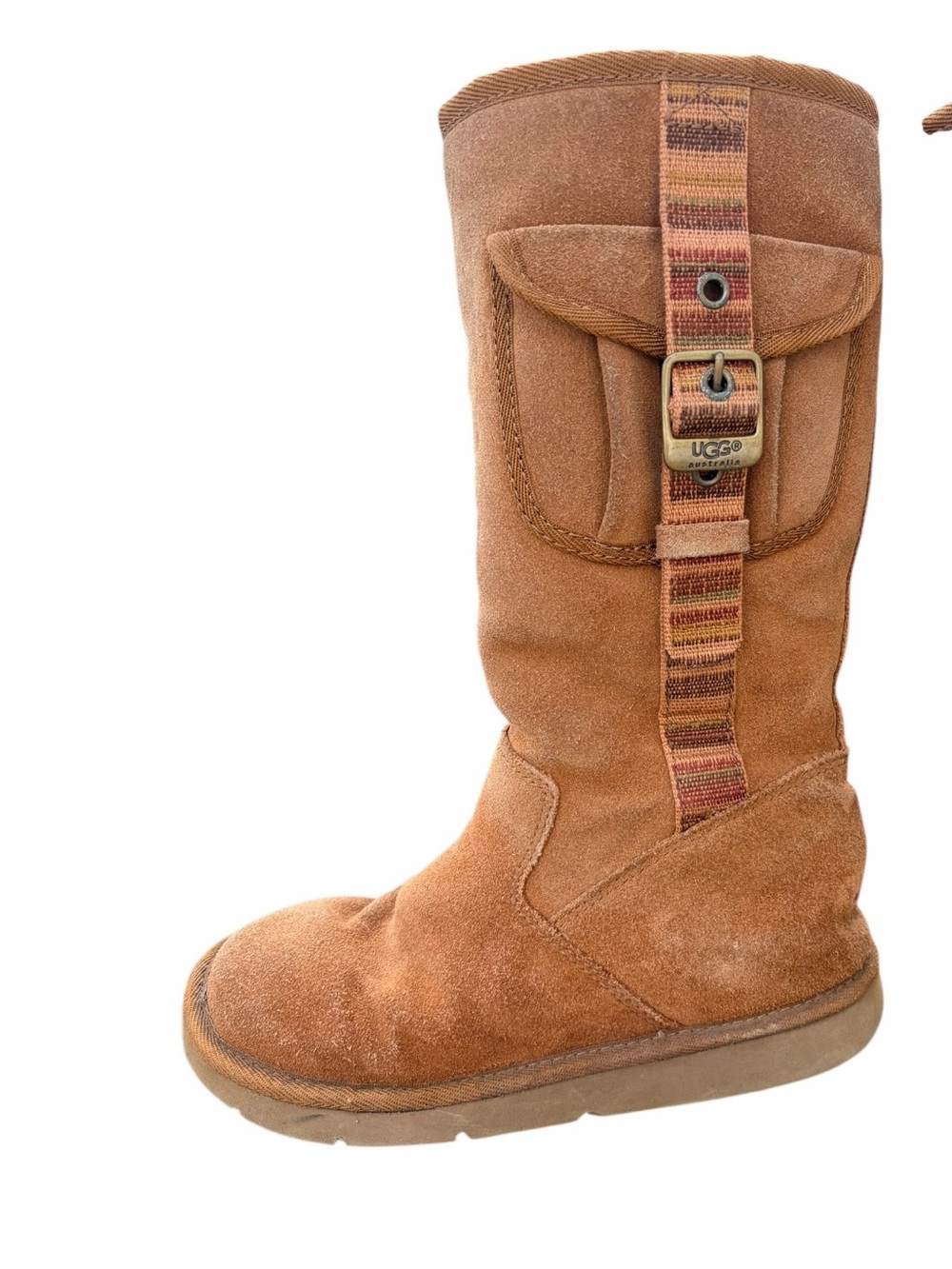 UGG Chestnut Suede Tall Boot with Striped Strap SZ 6